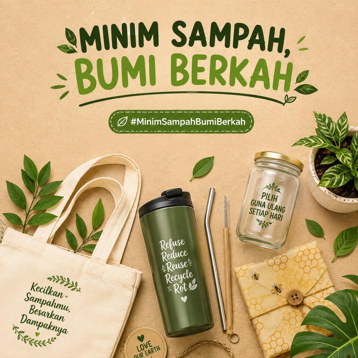 Poster kampanye Minim Sampah, Bumi Berkah: tumbler, tas kain, sedotan stainless, dan beeswax wrap